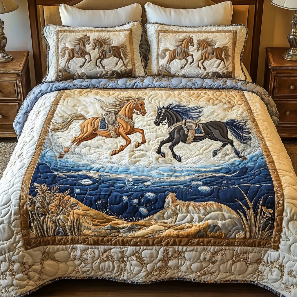 Twilight Grace quilted 3-piece bedding set on a made bed with two matching pillow shams