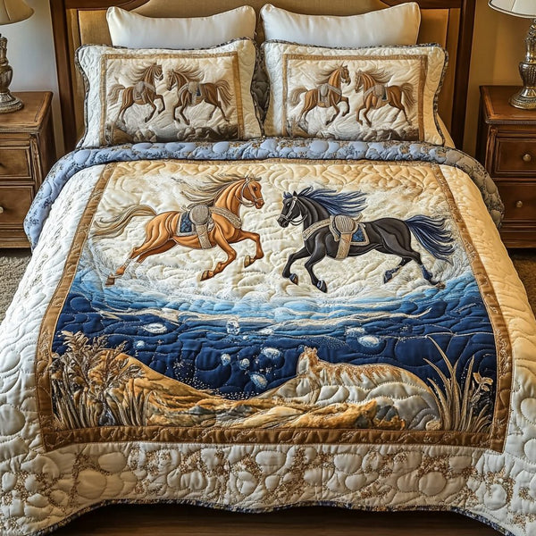 Twilight Grace quilted 3-piece bedding set on a made bed with two matching pillow shams
