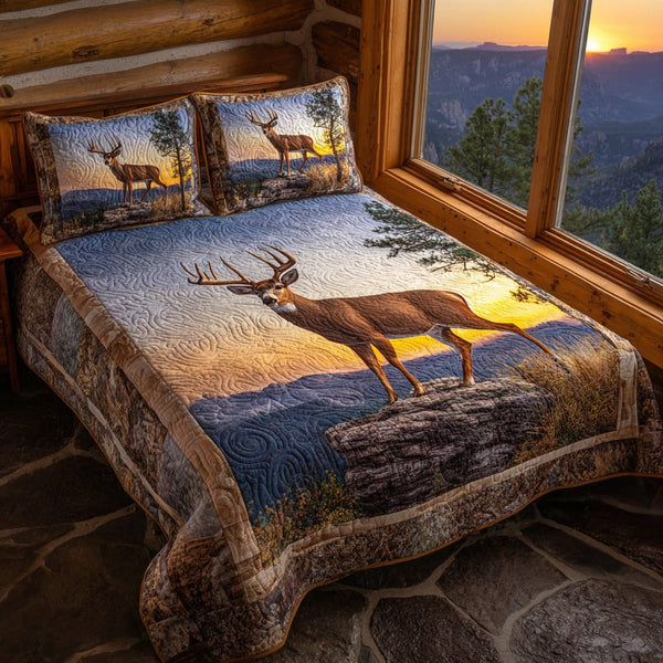 Twilight Grove Deer quilted 3-piece bedding set on a made bed with two matching pillow shams