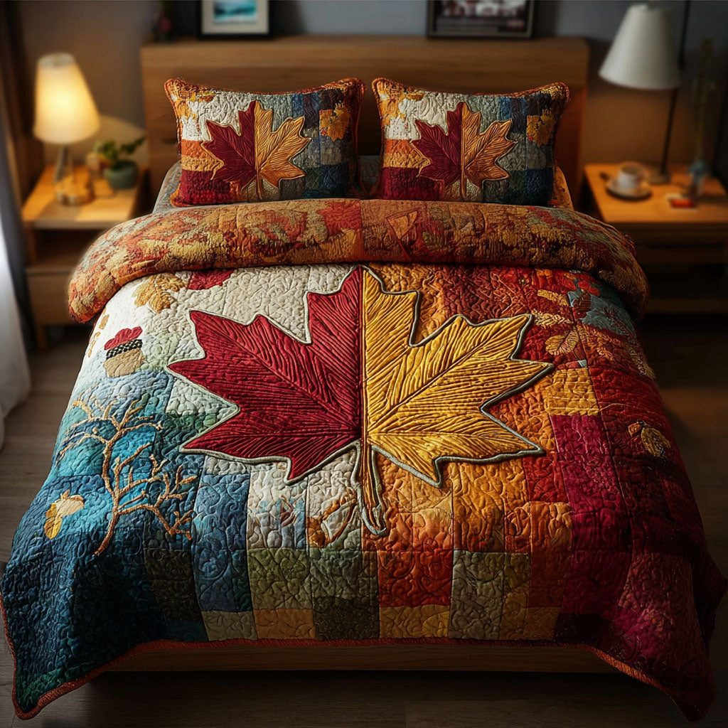 Twilight Grove quilted 3-piece bedding set on a made bed with two matching pillow shams