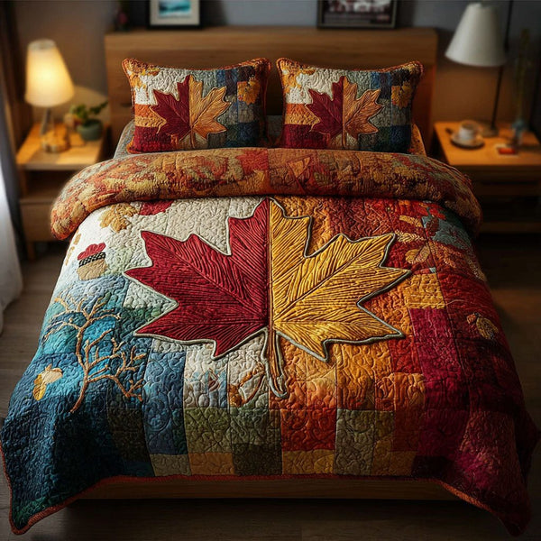 Twilight Grove quilted 3-piece bedding set on a made bed with two matching pillow shams