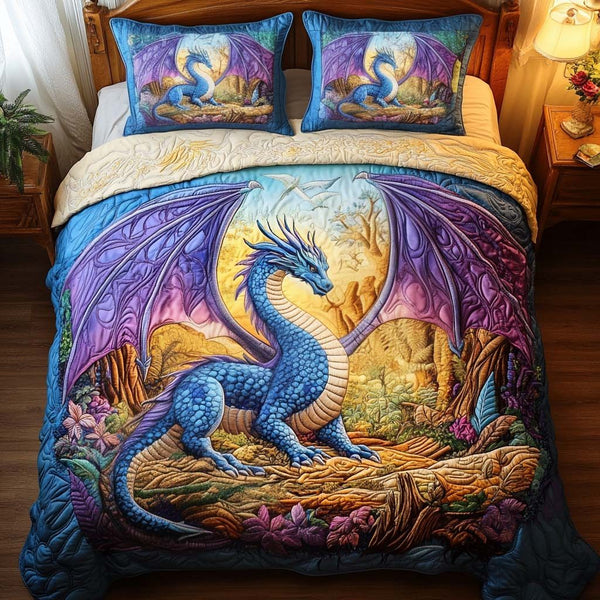 Twilight Guardian quilted 3-piece bedding set on a made bed with two matching pillow shams