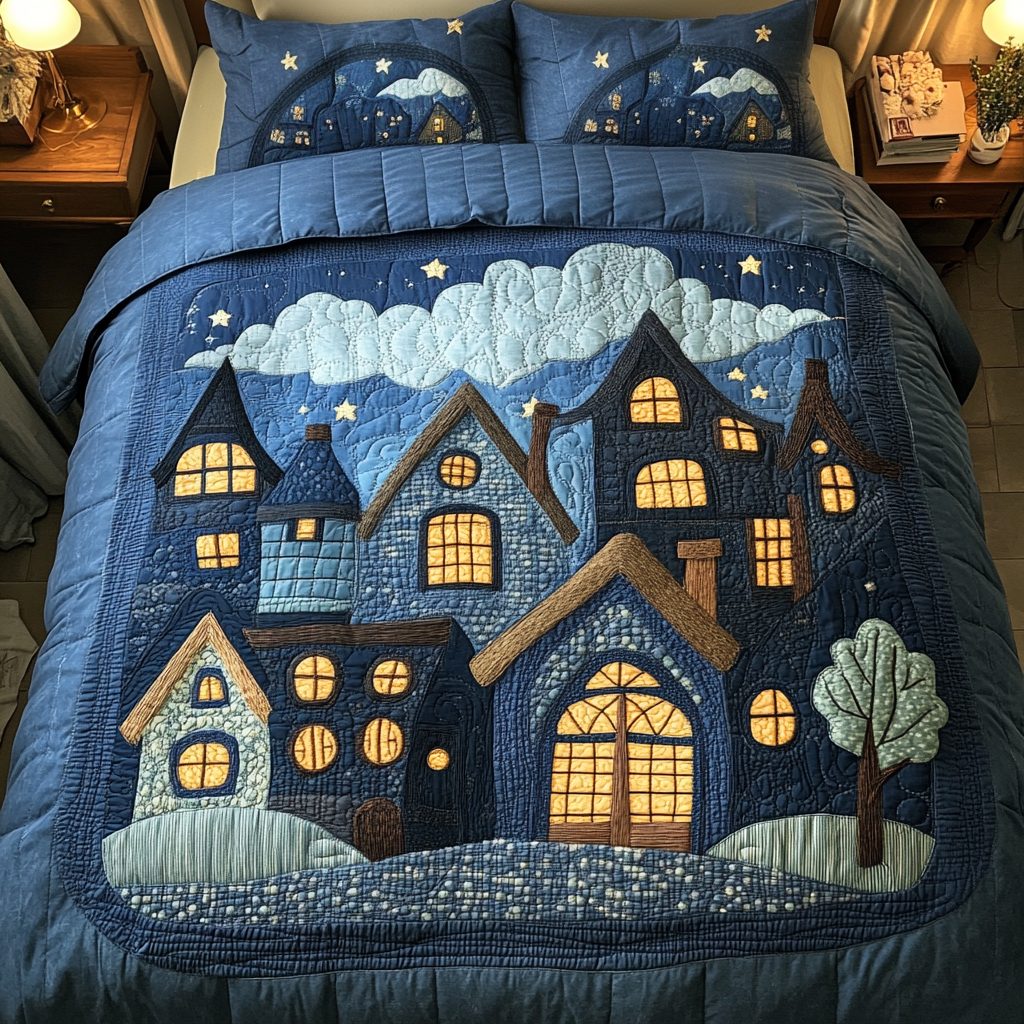 Twilight Haven quilted 3-piece bedding set on a made bed with two matching pillow shams