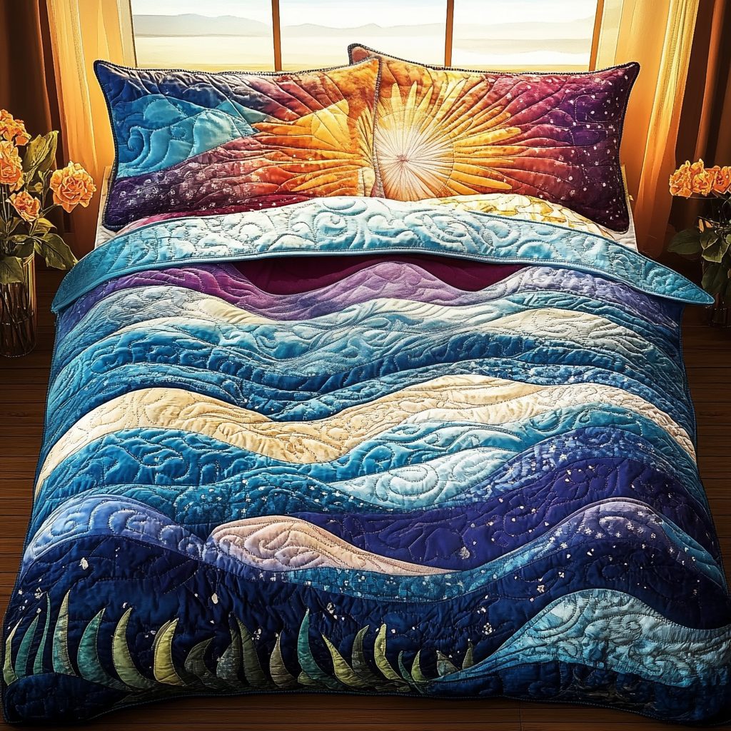 Twilight Horizon quilted 3-piece bedding set on a made bed with two matching pillow shams