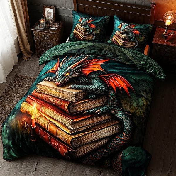 Twilight Keeper quilted 3-piece bedding set on a made bed with two matching pillow shams