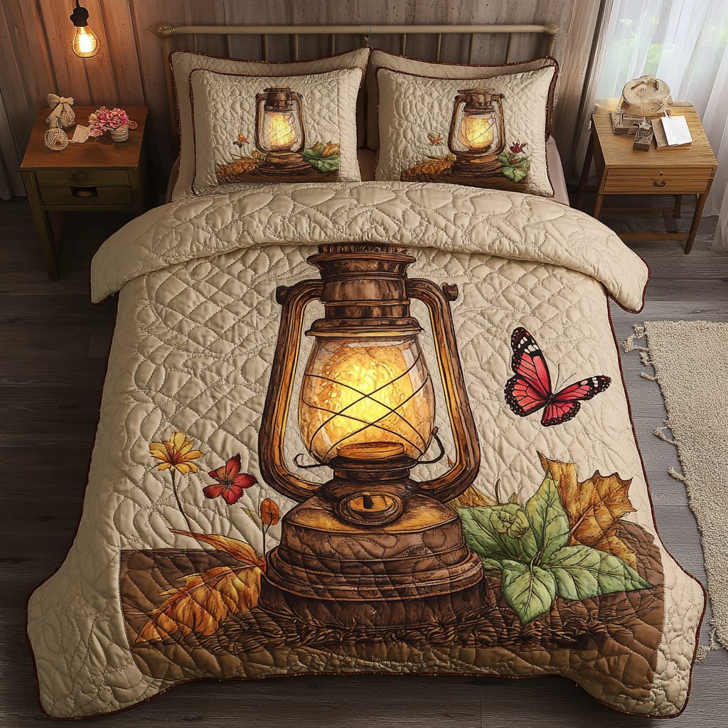 Twilight Lantern quilted 3-piece bedding set on a made bed with two matching pillow shams