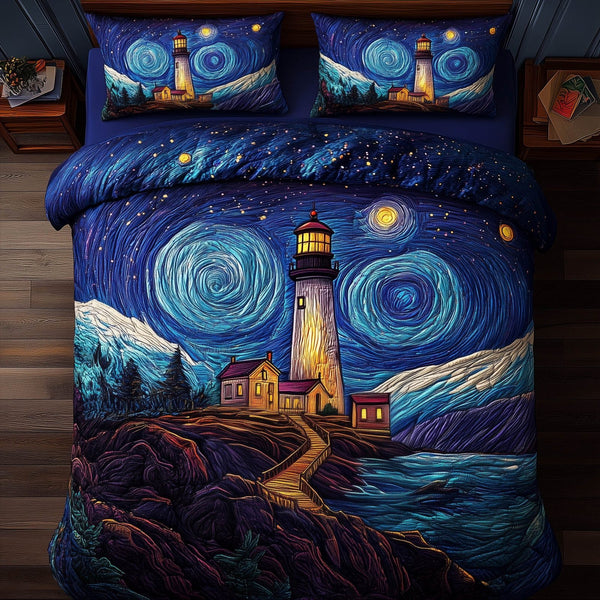 Twilight Lighthouse quilted 3-piece bedding set on a made bed in a light coastal bedroom