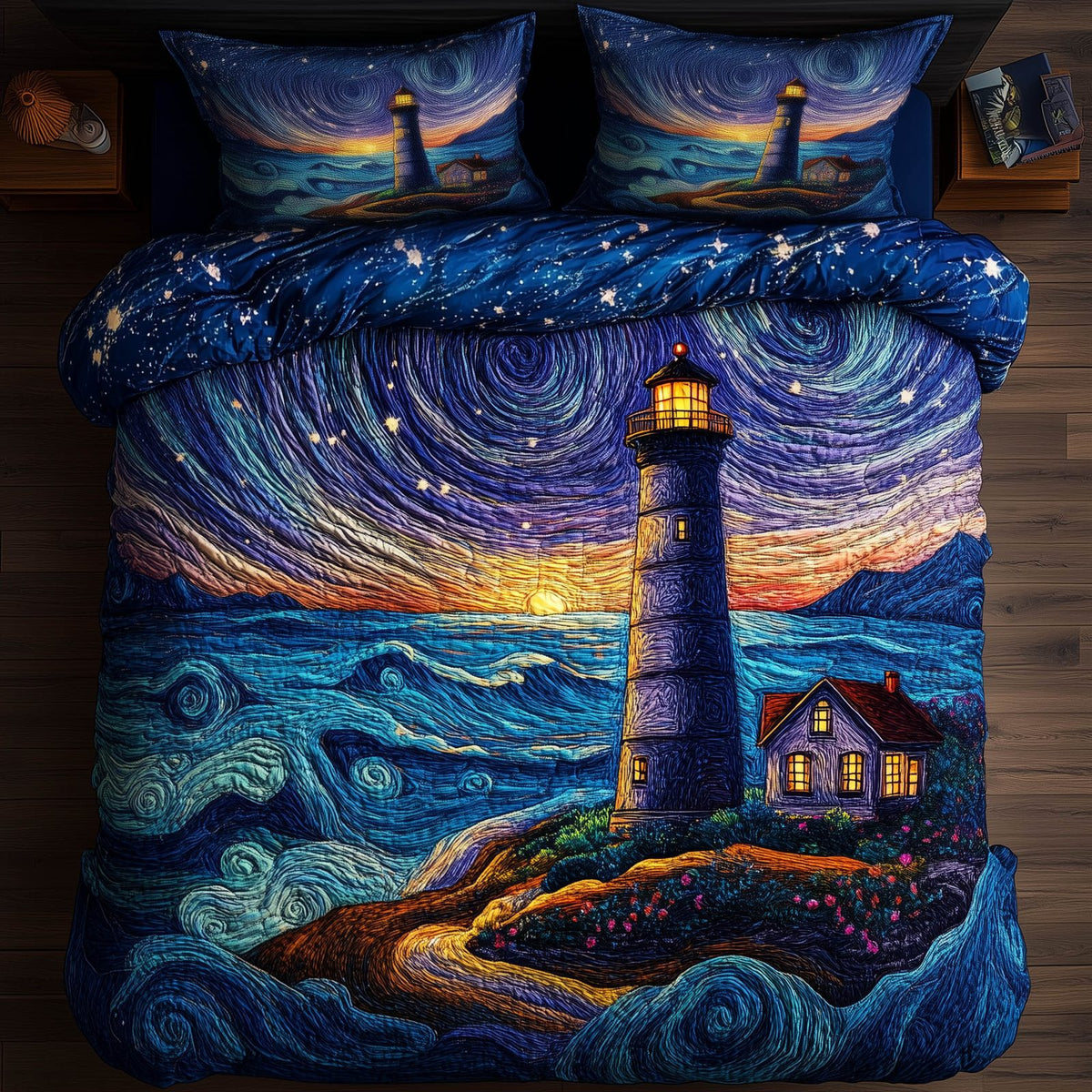Twilight Lighthouse quilted 3-piece bedding set on a made bed in a light coastal bedroom