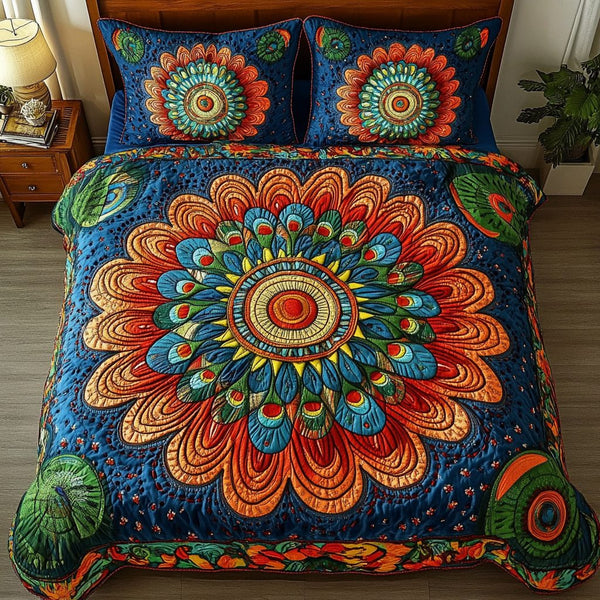 Twilight Mandala quilted 3-piece bedding set on a made bed with two matching pillow shams