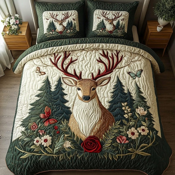 Twilight Meadow quilted 3-piece bedding set on a made bed with two matching pillow shams