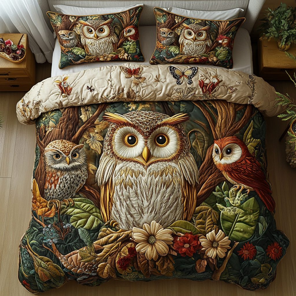 Twilight Nest quilted 3-piece bedding set on a made bed with two matching pillow shams
