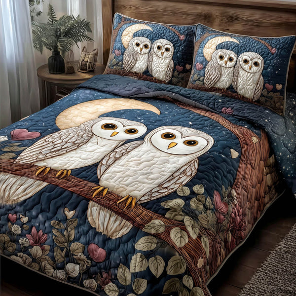 Twilight Owls quilted 3-piece bedding set on a made bed with two matching pillow shams
