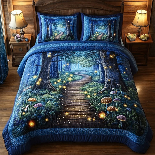 Twilight Path quilted 3-piece bedding set on a made bed with two matching pillow shams