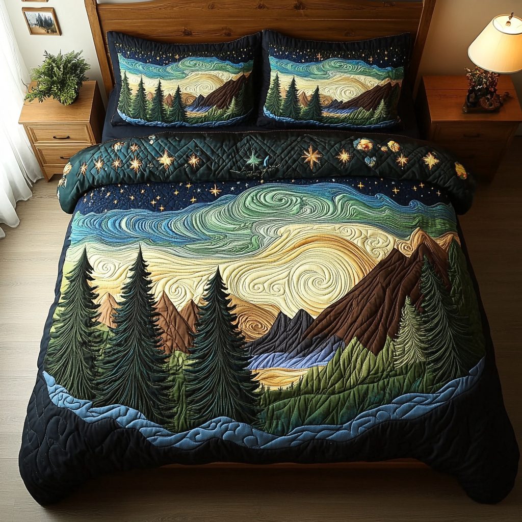 Twilight Pines quilted 3-piece bedding set on a made bed with two matching pillow shams