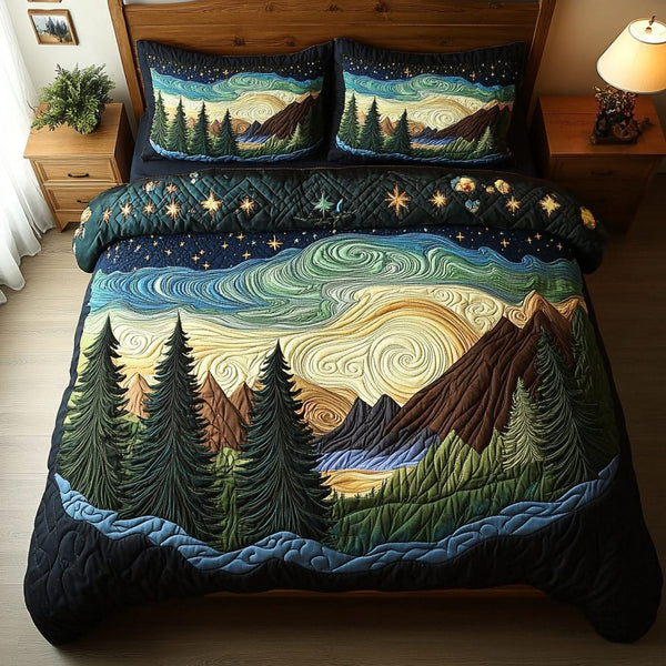 Twilight Pines quilted 3-piece bedding set on a made bed with two matching pillow shams