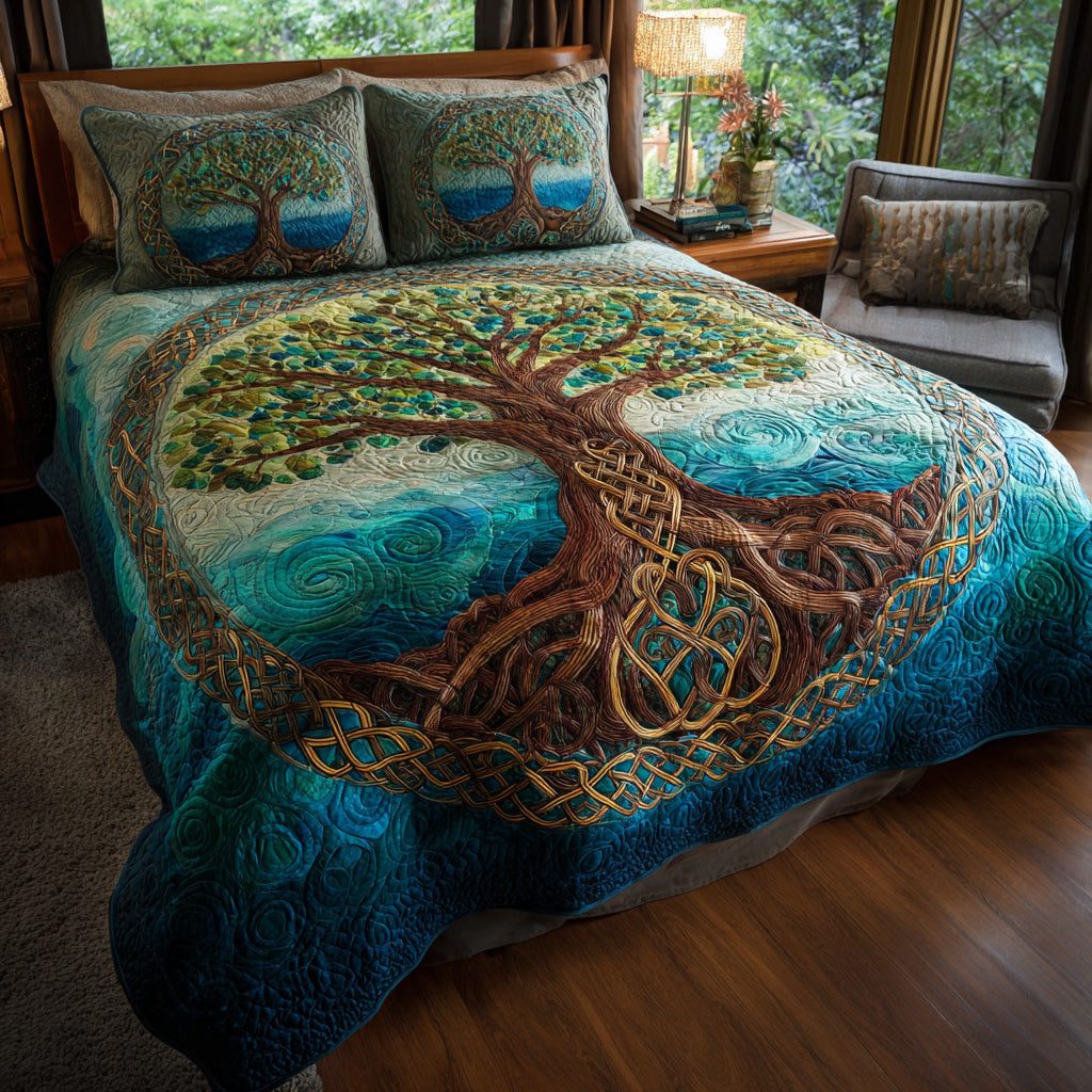 Twilight Roots quilted 3-piece bedding set on a made bed with two matching pillow shams