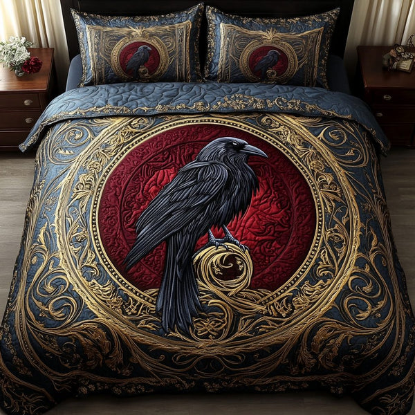 Twilight Sentinel quilted 3-piece bedding set on a made bed with two matching pillow shams