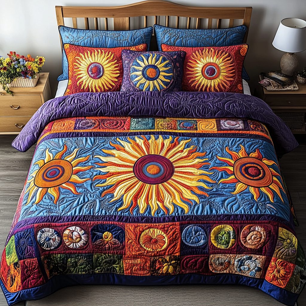 Twilight Solar quilted 3-piece bedding set on a made bed with two matching pillow shams