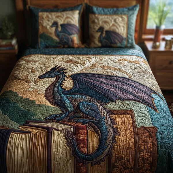 Twilight Storm Dragon quilted 3-piece bedding set on a made bed with two matching pillow shams