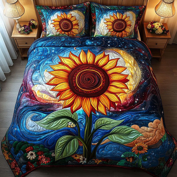 Twilight Sunflower quilted 3-piece bedding set on a made bed with two matching pillow shams