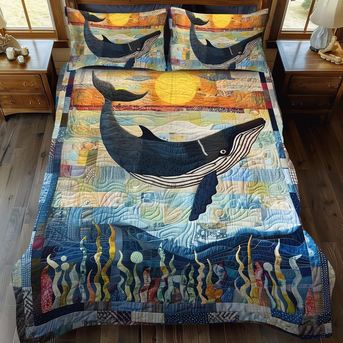 Twilight Tail Dance quilted 3-piece bedding set on a made bed with two matching pillow shams