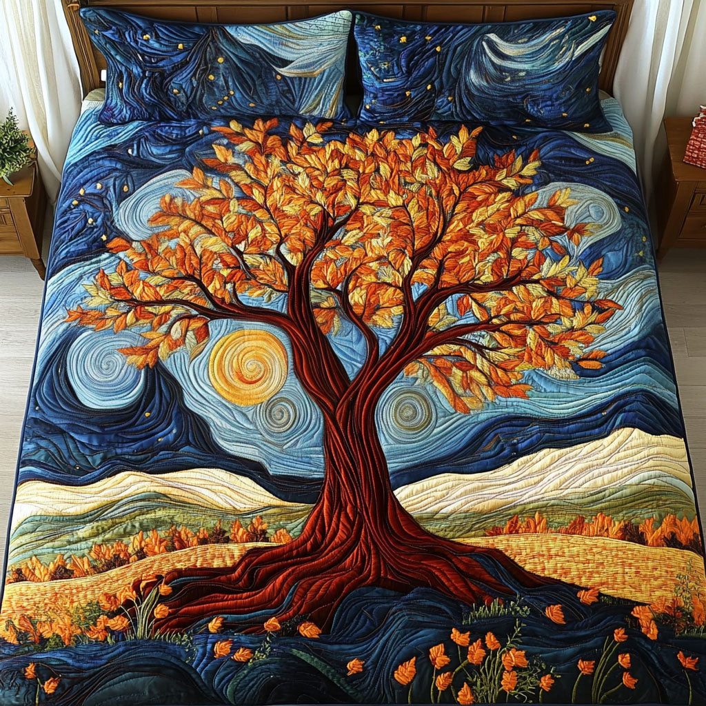 Twilight Tree quilted 3-piece bedding set on a made bed with two matching pillow shams