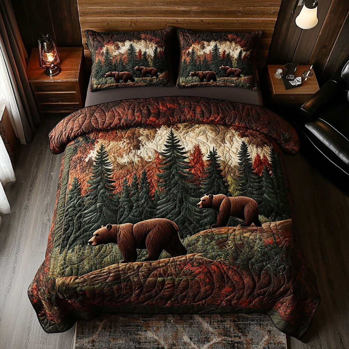Twilight Trek quilted 3-piece bedding set on a made bed with two matching pillow shams