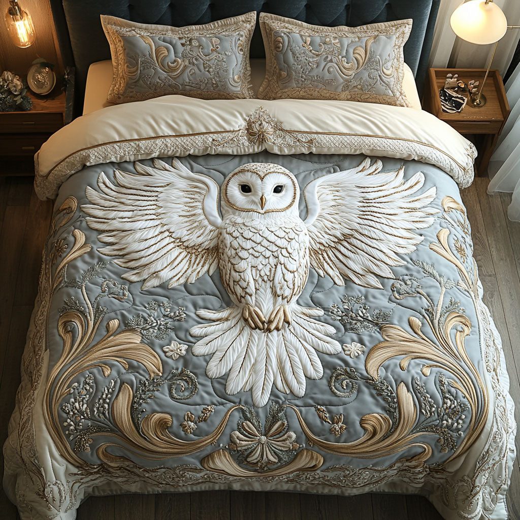 Twilight Whisper quilted 3-piece bedding set on a made bed with two matching pillow shams