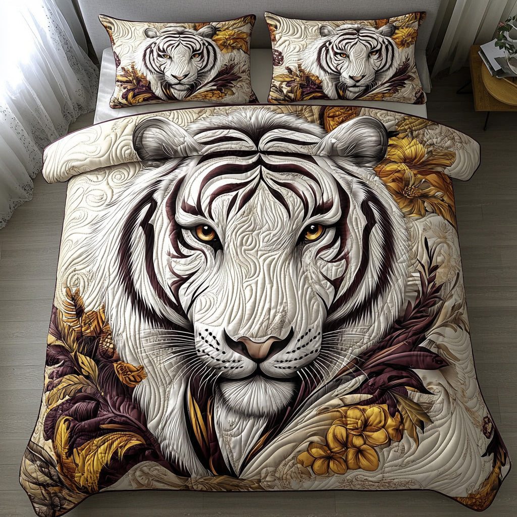 Twilight White Tiger quilted 3-piece bedding set on a made bed with two matching pillow shams