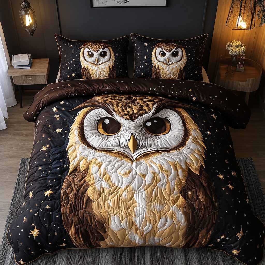 Twilight Wings quilted 3-piece bedding set on a made bed with two matching pillow shams