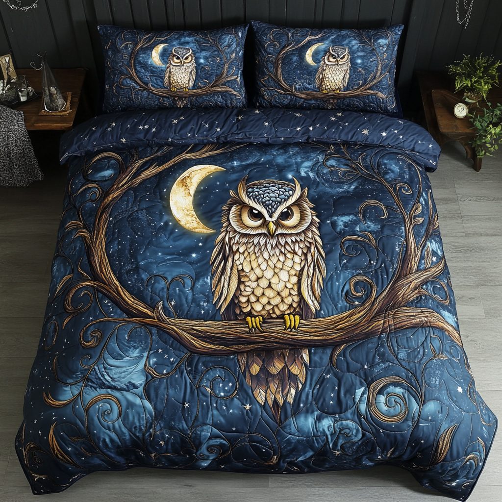 Twilight Wings quilted 3-piece bedding set on a made bed with two matching pillow shams