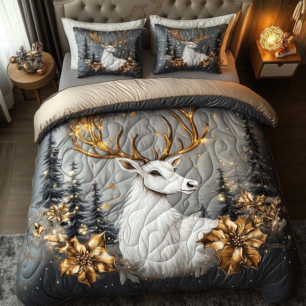 Twilight Winter Guardian quilted 3-piece bedding set on a made bed in a winter-styled bedroom