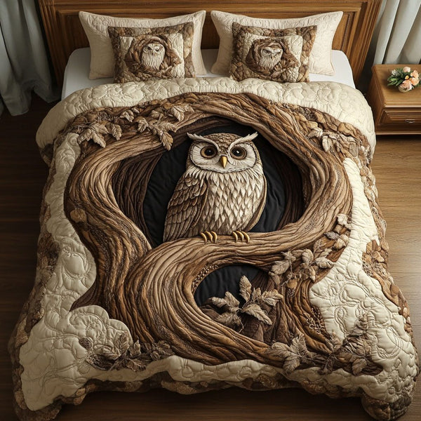 Twilight Wisdom quilted 3-piece bedding set on a made bed with two matching pillow shams