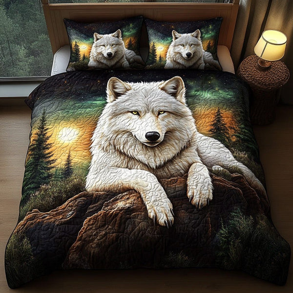 Twilight Wolf quilted 3-piece bedding set on a made bed with two matching pillow shams