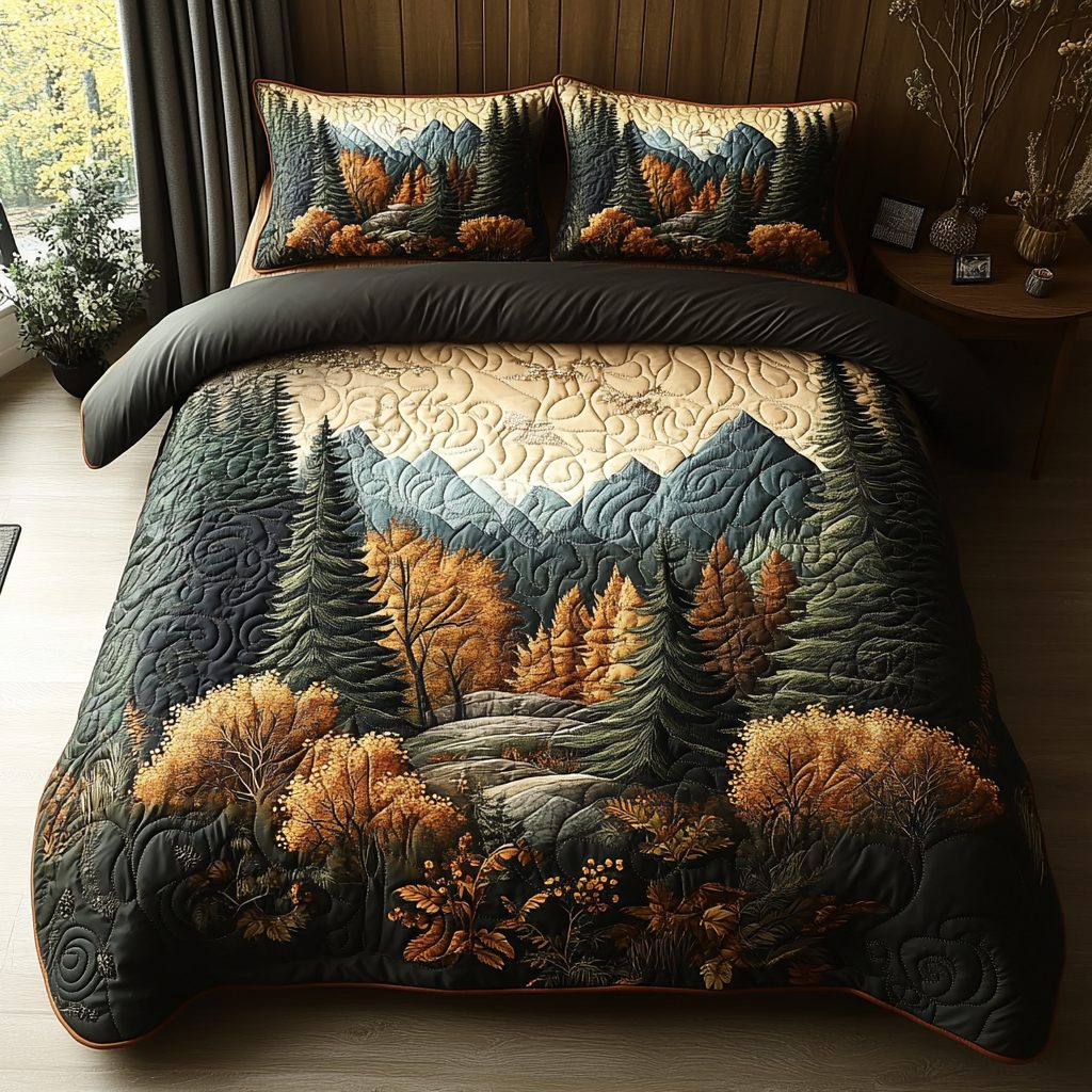 Twilight Woods quilted 3-piece bedding set on a made bed with two matching pillow shams