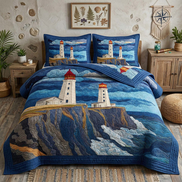 Twin Beacons quilted 3-piece bedding set on a made bed with two matching pillow shams