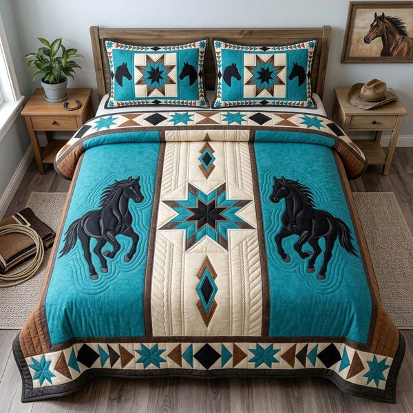 Twin Horse quilted 3-piece bedding set on a made bed in a rustic timber bedroom