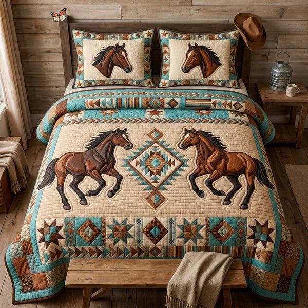 Twin Horse Spirit quilted 3-piece bedding set on a made bed in a rustic timber bedroom
