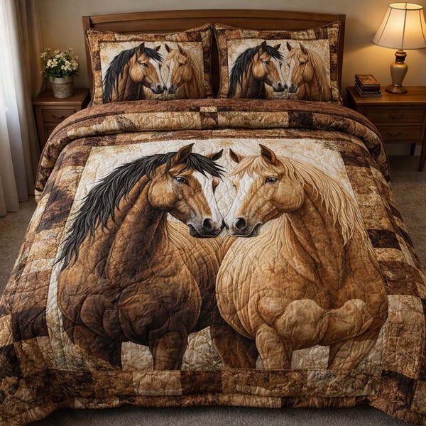 Twin Horses quilted 3-piece bedding set on a made bed in a rustic timber bedroom