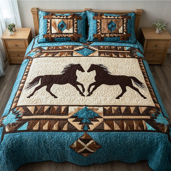 Twin Horses quilted 3-piece bedding set on a made bed in a rustic timber bedroom