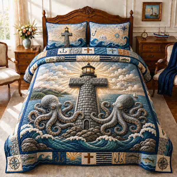 Twin Kraken Lighthouse quilted 3-piece bedding set on a made bed in a light coastal bedroom