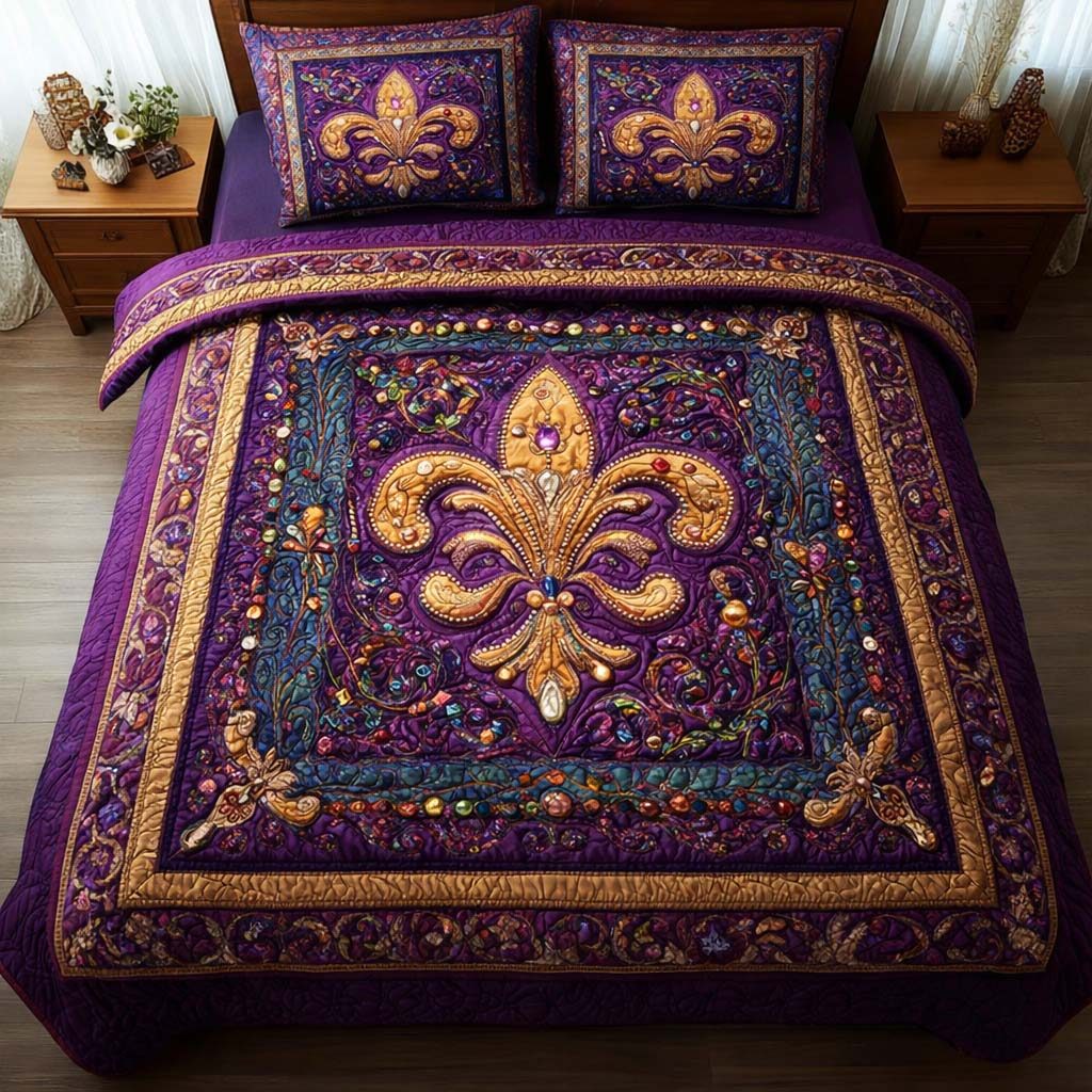 Twin Masque quilted 3-piece bedding set on a made bed with two matching pillow shams