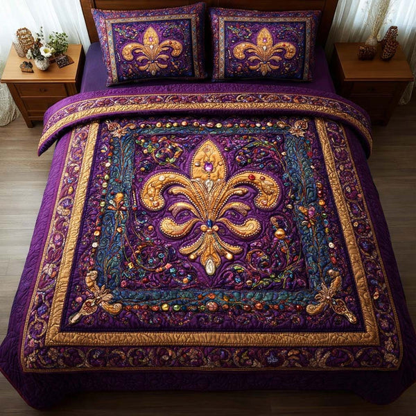 Twin Masque quilted 3-piece bedding set on a made bed with two matching pillow shams