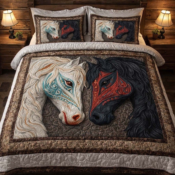 Twin Soul Horses quilted 3-piece bedding set on a made bed in a rustic timber bedroom
