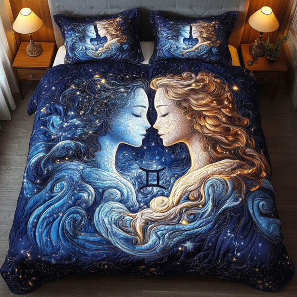 Twin Souls quilted 3-piece bedding set on a made bed with two matching pillow shams