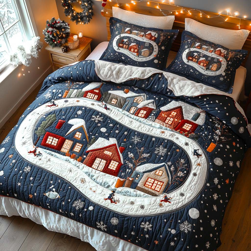 Twinkling Holiday Homes quilted 3-piece bedding set on a made bed in a winter-styled bedroom