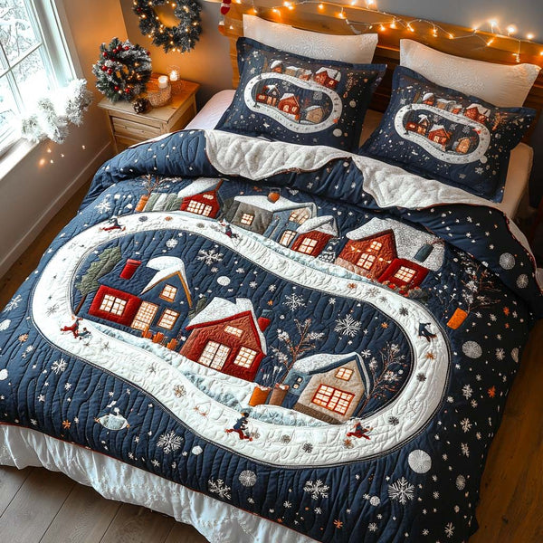 Twinkling Holiday Homes quilted 3-piece bedding set on a made bed in a winter-styled bedroom