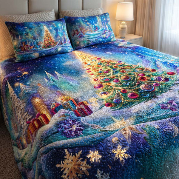 Twinkling Light Christmas quilted 3-piece bedding set on a made bed in a winter-styled bedroom