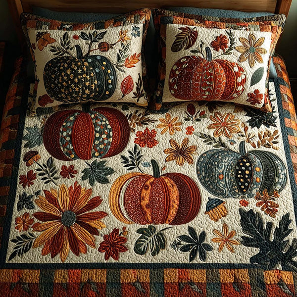 Twinkling Pumpkins quilted 3-piece bedding set on a made bed against a dark styled interior
