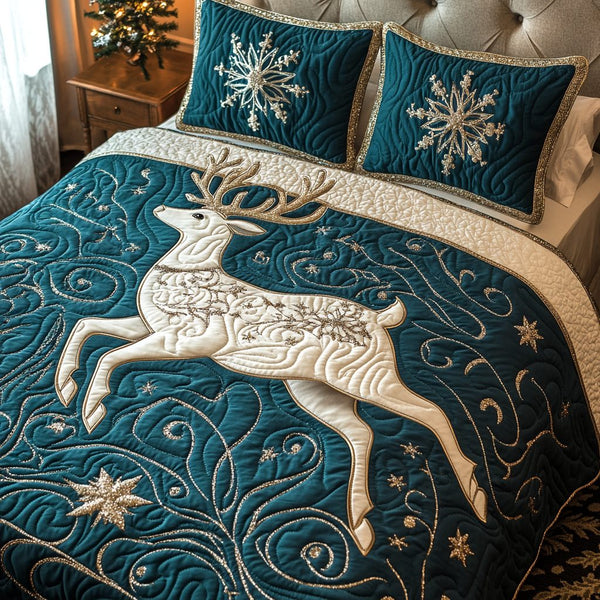 Twinkling Reindeer Nights quilted 3-piece bedding set on a made bed in a winter-styled bedroom